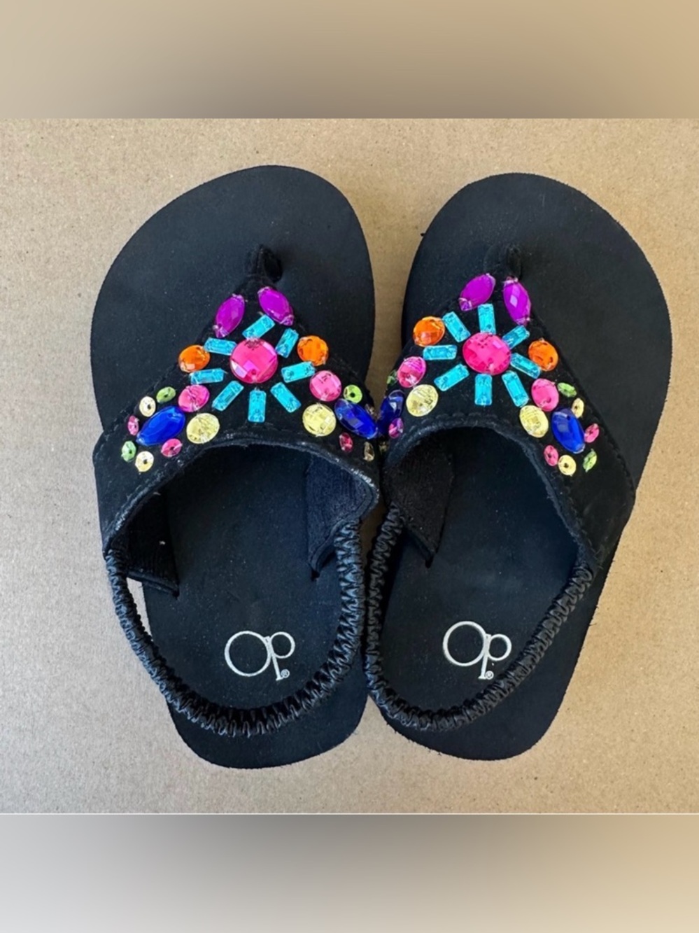 OP Baby Girls Black Sandals with Vibrant Gem Accents Size: S (5-6)